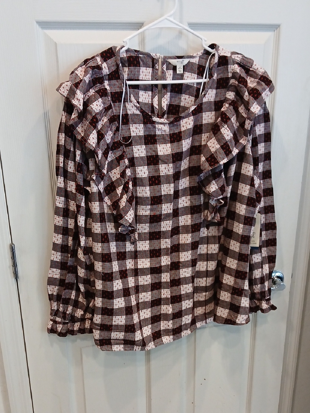Terra & Sky Burgundy and White Plaid Ruffle Front Blouse